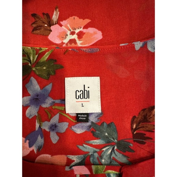 Cabi Women's Floral Chiffon Blouse Red Bell Sleeve Keyhole Neck Top‎ Size Large - Picture 2 of 5